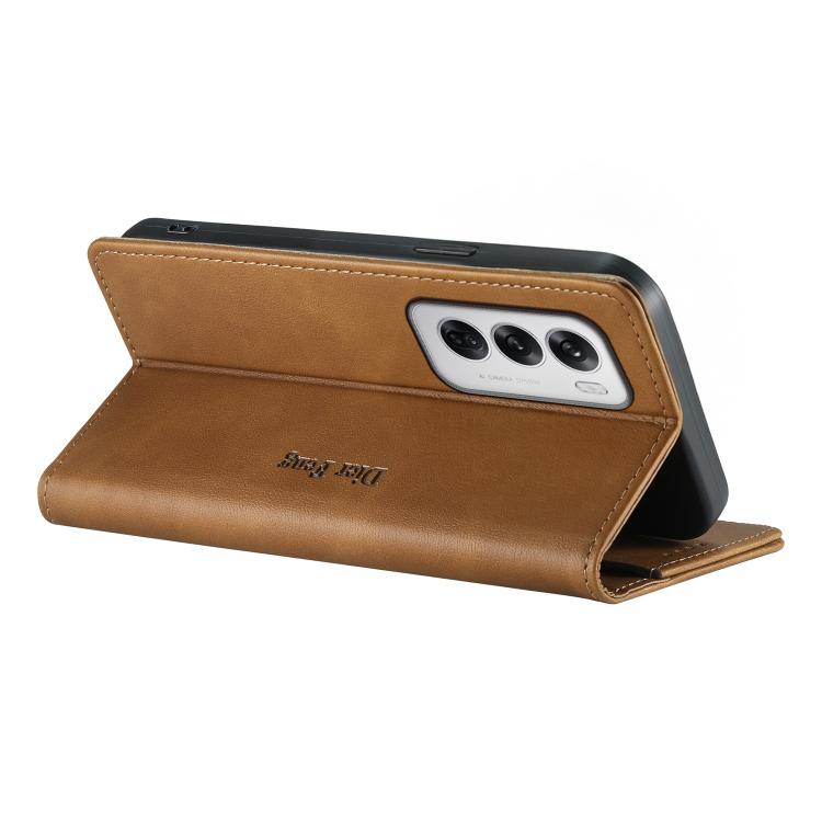 For OPPO Reno12 Global Dierfeng Metal Snap Magnetic RFID Vegan Leather Phone Case