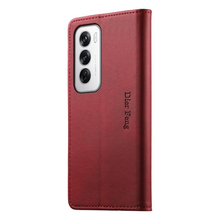 For OPPO Reno12 Global Dierfeng Metal Snap Magnetic RFID Vegan Leather Phone Case