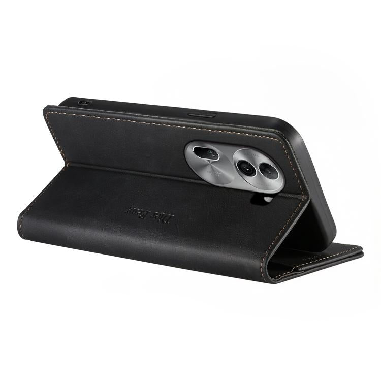 For OPPO Reno11 Pro Global Dierfeng Metal Snap Magnetic RFID Vegan Leather Phone Case