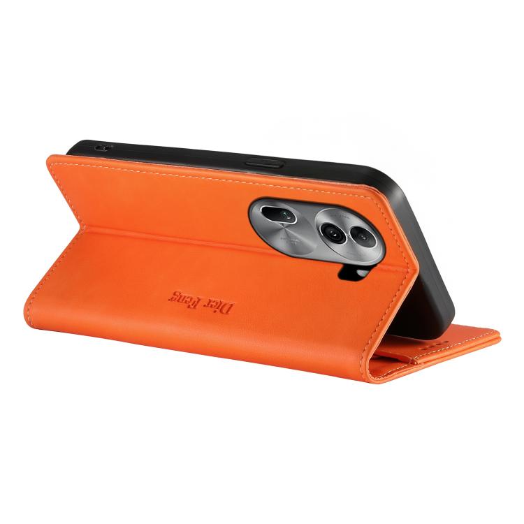 For OPPO Reno11 Pro Global Dierfeng Metal Snap Magnetic RFID Vegan Leather Phone Case