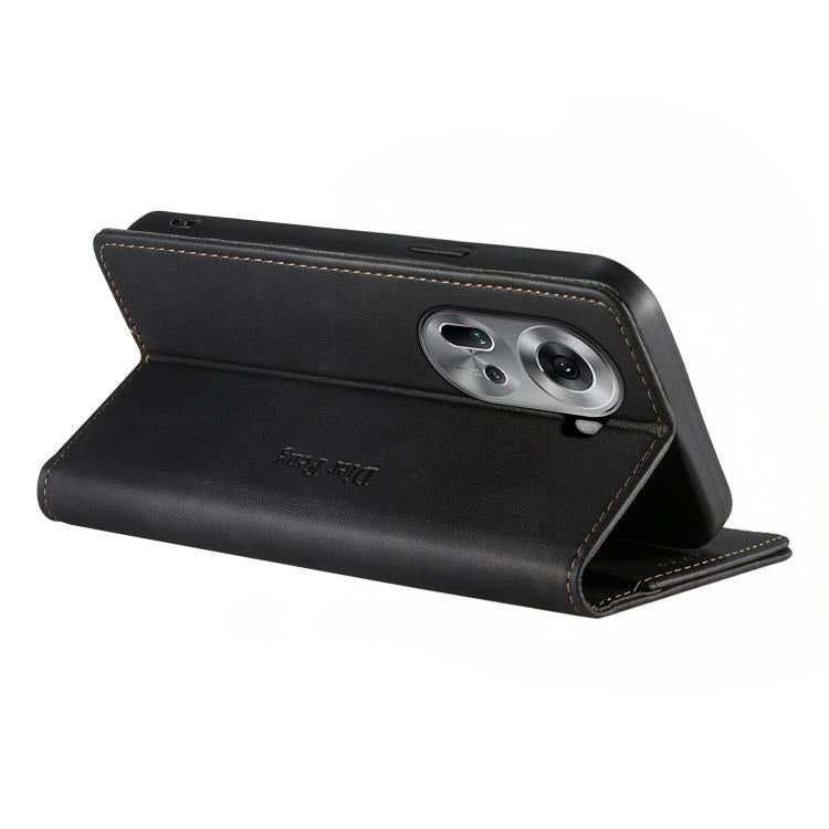For OPPO Reno11 Global Dierfeng Metal Snap Magnetic RFID Vegan Leather Phone Case