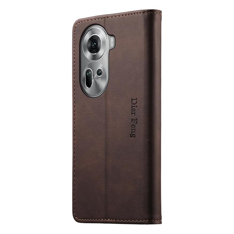 For OPPO Reno11 Global Dierfeng Metal Snap Magnetic RFID Vegan Leather Phone Case