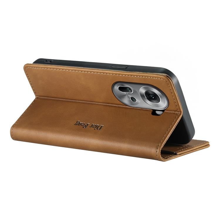 For OPPO Reno11 Global Dierfeng Metal Snap Magnetic RFID Vegan Leather Phone Case
