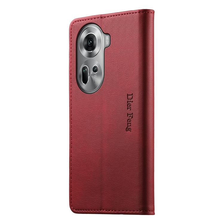 For OPPO Reno11 Global Dierfeng Metal Snap Magnetic RFID Vegan Leather Phone Case