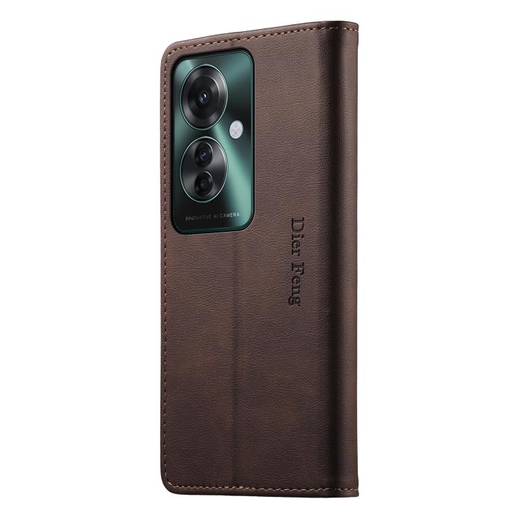 For OPPO Reno11 F / F25 Pro Dierfeng Metal Snap Magnetic RFID Vegan Leather Phone Case