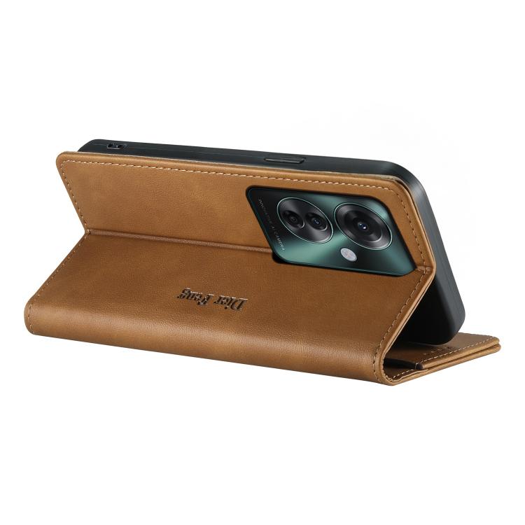 For OPPO Reno11 F / F25 Pro Dierfeng Metal Snap Magnetic RFID Vegan Leather Phone Case