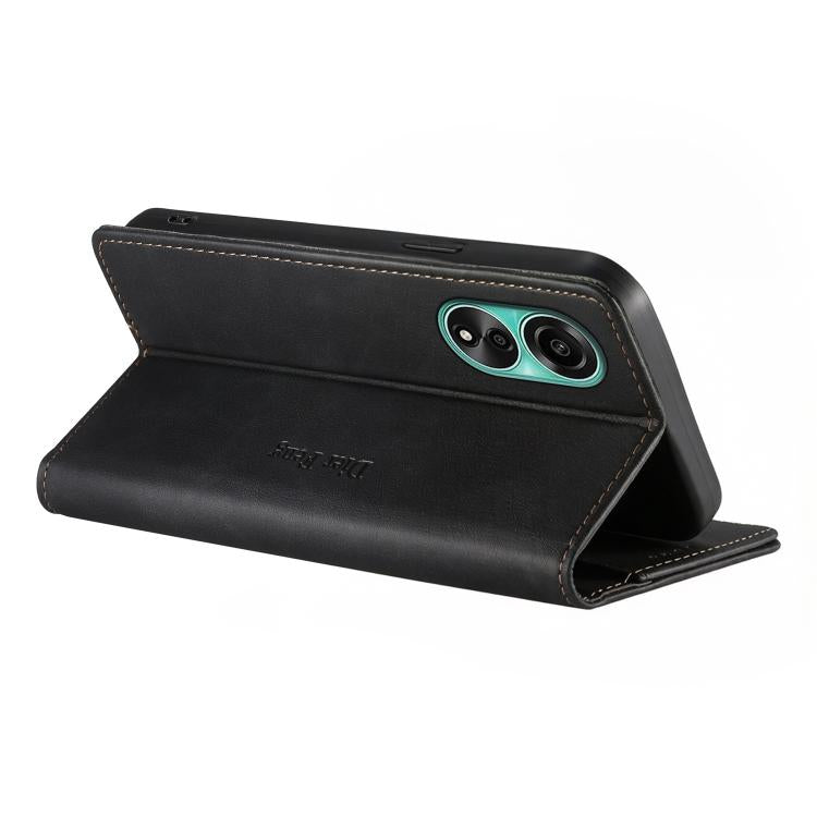 For OPPO A78 4G Dierfeng Metal Snap Magnetic RFID Vegan Leather Phone Case