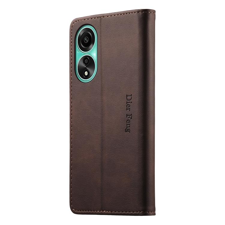 For OPPO A78 4G Dierfeng Metal Snap Magnetic RFID Vegan Leather Phone Case