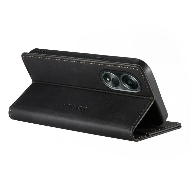 For OPPO A58 4G Dierfeng Metal Snap Magnetic RFID Vegan Leather Phone Case
