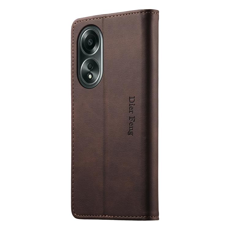 For OPPO A58 4G Dierfeng Metal Snap Magnetic RFID Vegan Leather Phone Case