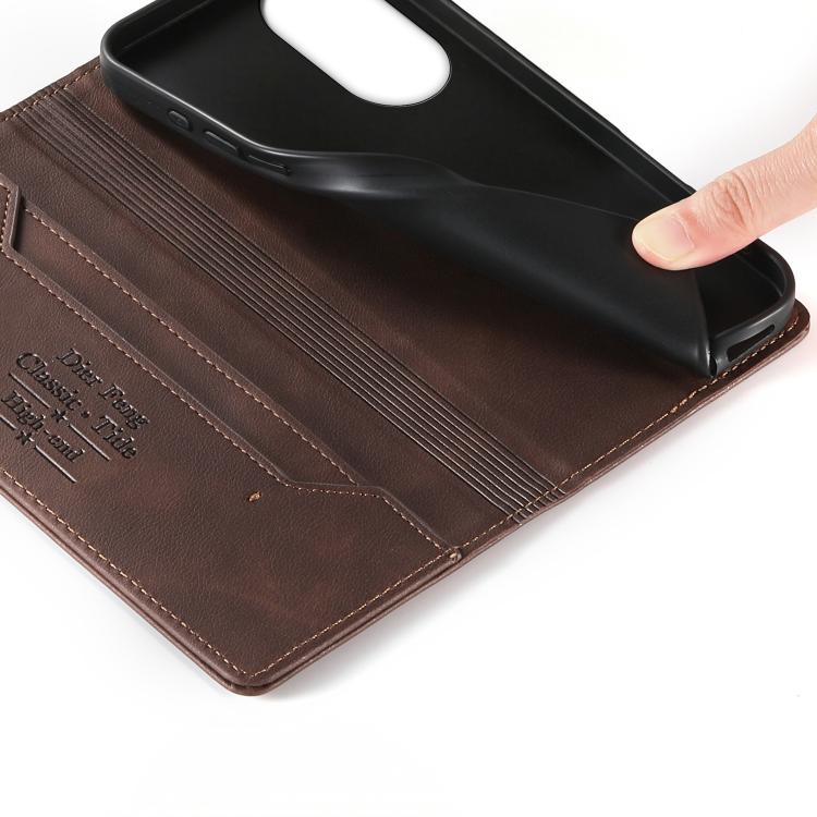 For OPPO A58 4G Dierfeng Metal Snap Magnetic RFID Vegan Leather Phone Case