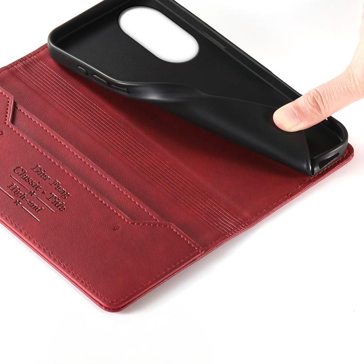 For OPPO A58 4G Dierfeng Metal Snap Magnetic RFID Vegan Leather Phone Case