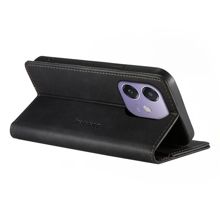 For OPPO A3 / A3x 4G / 5G / A5x 5G / A60 5G Dierfeng Metal Snap Magnetic RFID Vegan Leather Phone Case
