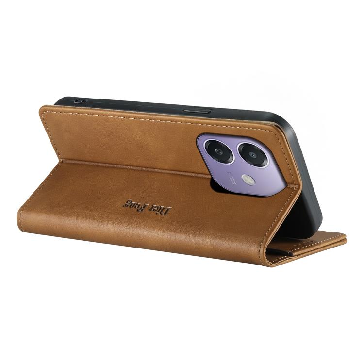 For OPPO A3 / A3x 4G / 5G / A5x 5G / A60 5G Dierfeng Metal Snap Magnetic RFID Vegan Leather Phone Case