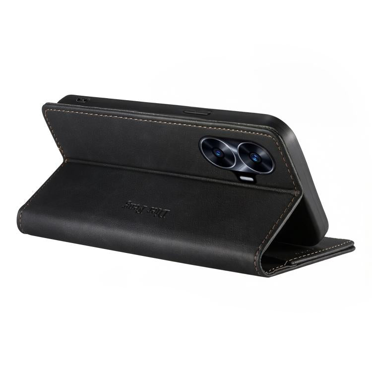 For Realme C55 / Narzo N55 Dierfeng Metal Snap Magnetic RFID Vegan Leather Phone Case