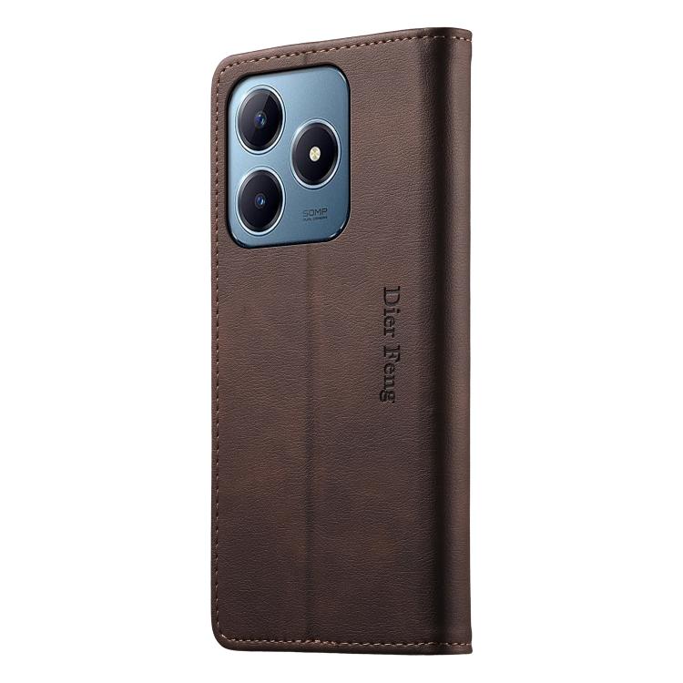 For Realme C63 4G / C61 / C61 India / Note 60 Dierfeng Metal Snap Magnetic RFID Vegan Leather Phone Case