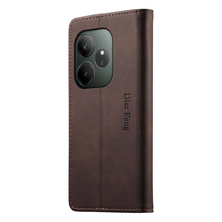 For Realme GT 6 Dierfeng Metal Snap Magnetic RFID Vegan Leather Phone Case