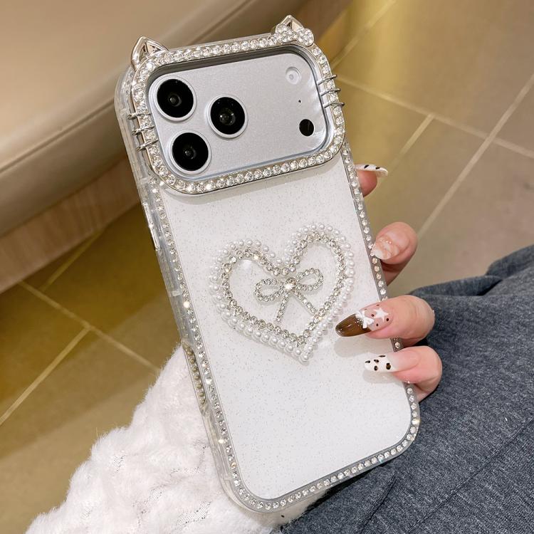 For iPhone 17 Pro Electroplated Cat Ear Dual Side Rhinestones Glitter IMD Phone Case