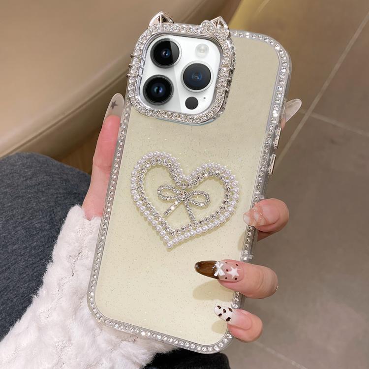 For iPhone 16 Pro Electroplated Cat Ear Dual Side Rhinestones Glitter IMD Phone Case