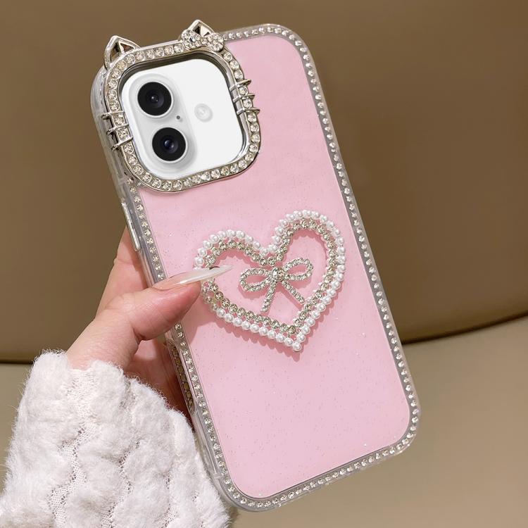 For iPhone 16 Plus Electroplated Cat Ear Dual Side Rhinestones Glitter IMD Phone Case