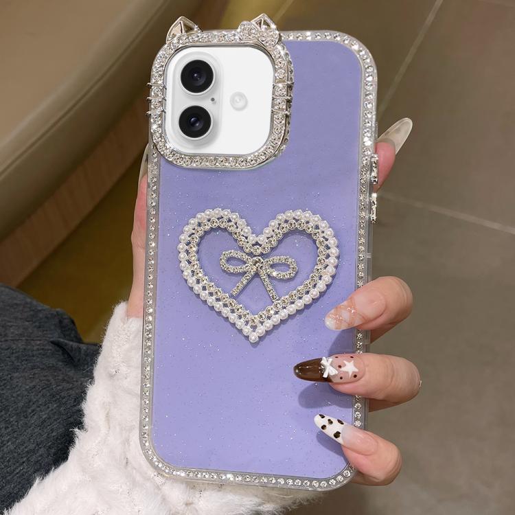 For iPhone 16 Plus Electroplated Cat Ear Dual Side Rhinestones Glitter IMD Phone Case