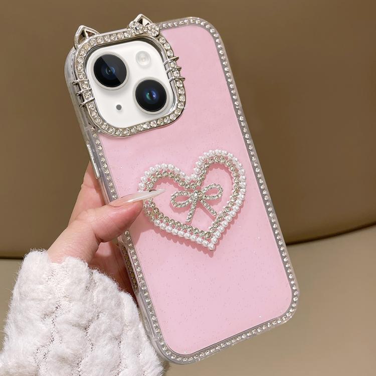 For iPhone 15 Electroplated Cat Ear Dual Side Rhinestones Glitter IMD Phone Case