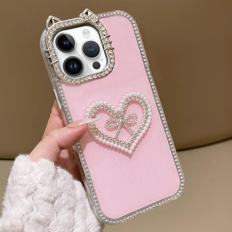 For iPhone 14 Pro Electroplated Cat Ear Dual Side Rhinestones Glitter IMD Phone Case