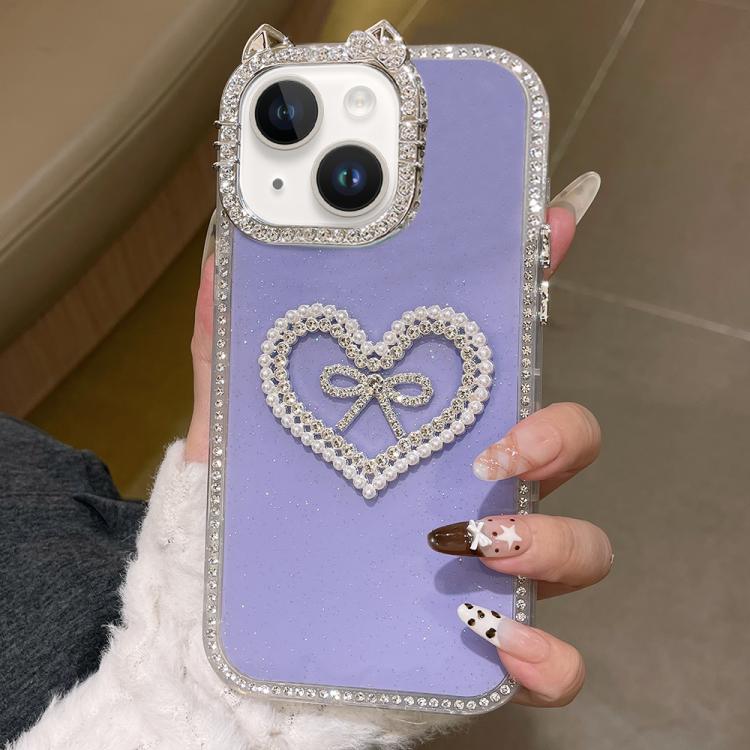 For iPhone 14 Plus Electroplated Cat Ear Dual Side Rhinestones Glitter IMD Phone Case