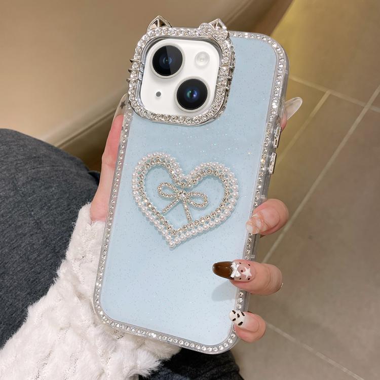 For iPhone 14 Electroplated Cat Ear Dual Side Rhinestones Glitter IMD Phone Case