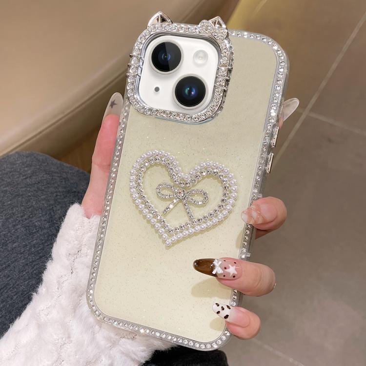 For iPhone 14 Electroplated Cat Ear Dual Side Rhinestones Glitter IMD Phone Case