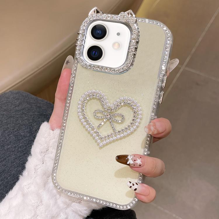 For iPhone 12 Electroplated Cat Ear Dual Side Rhinestones Glitter IMD Phone Case