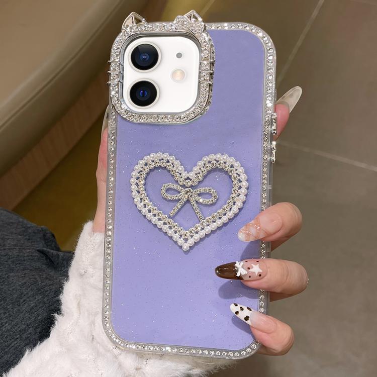 For iPhone 12 Electroplated Cat Ear Dual Side Rhinestones Glitter IMD Phone Case