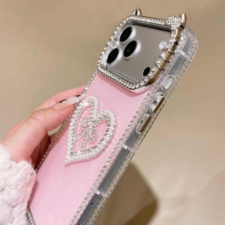 For iPhone 16 Pro Electroplated Cat Ear Dual Side Rhinestones Glitter IMD Phone Case