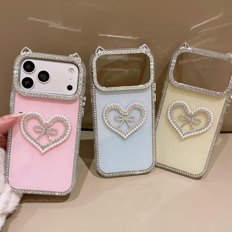 For iPhone 16 Pro Electroplated Cat Ear Dual Side Rhinestones Glitter IMD Phone Case