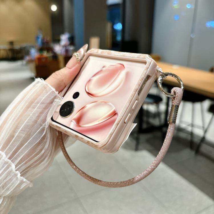 For Honor Magic V Flip 2 Silver Leopard Print Side Clasp Phone Case with DIY Wrist Crossbody Strap