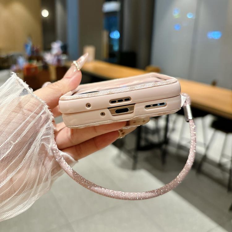 For Honor Magic V Flip 2 Silver Leopard Print Side Clasp Phone Case with DIY Wrist Crossbody Strap