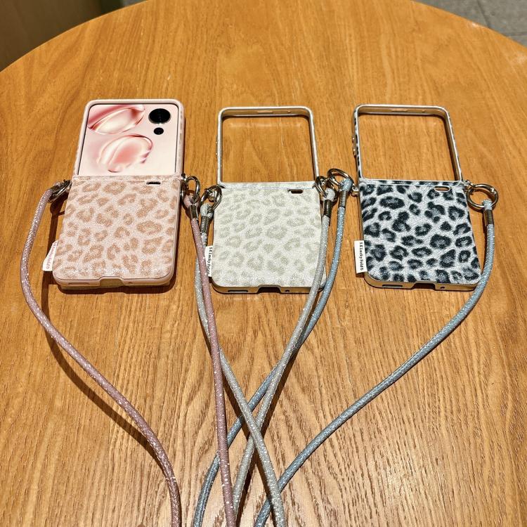 For Honor Magic V Flip Silver Leopard Print Side Clasp Phone Case with DIY Wrist Crossbody Strap