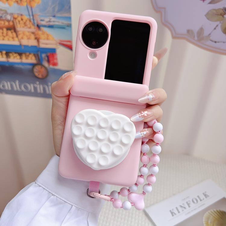 For OPPO Find N3 Flip Macaron Heart Shaped Bubble Holder Central Axis Double Magnetic Phone Case with Bracelet