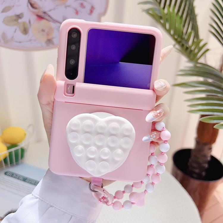 For Huawei Pura X Macaron Heart Shaped Bubble Holder Central Axis Double Magnetic Phone Case with Bracelet