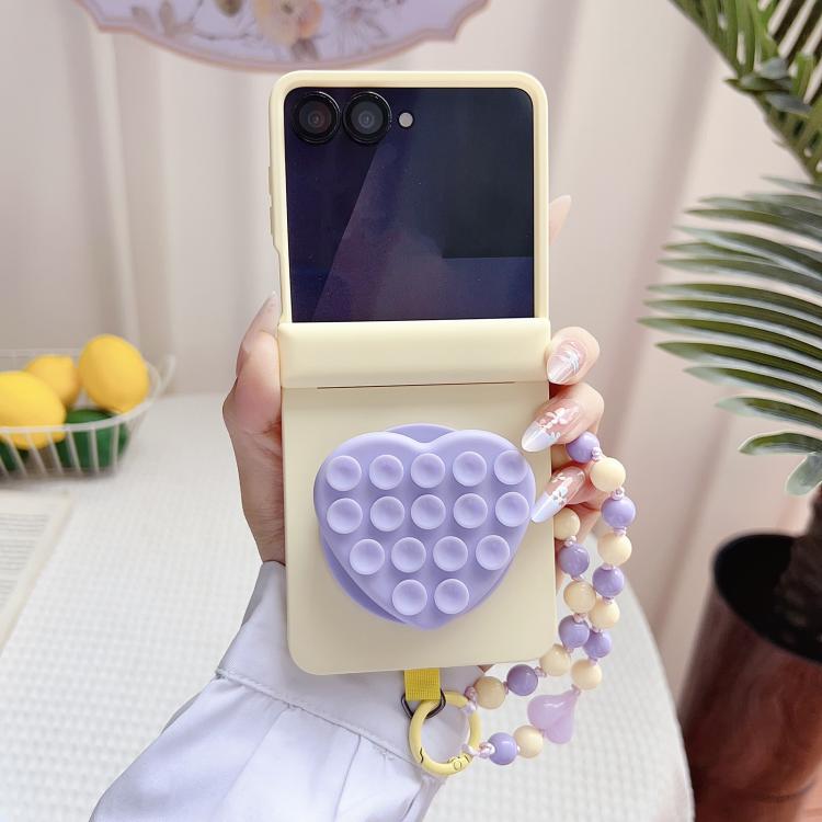 For Samsung Galaxy Z Flip7 5G Macaron Heart Shaped Bubble Holder Central Axis Double Magnetic Phone Case with Bracelet