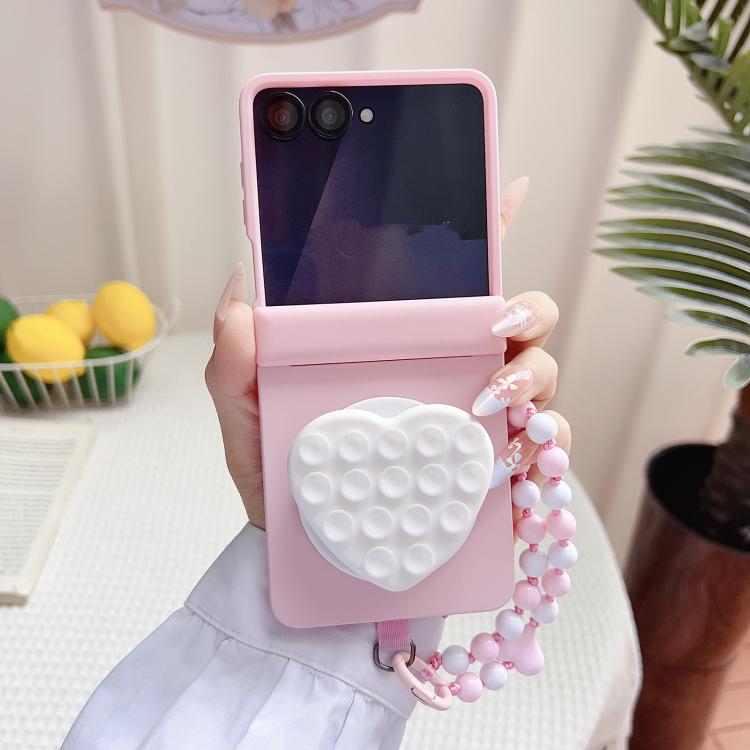 For Samsung Galaxy Z Flip7 5G Macaron Heart Shaped Bubble Holder Central Axis Double Magnetic Phone Case with Bracelet
