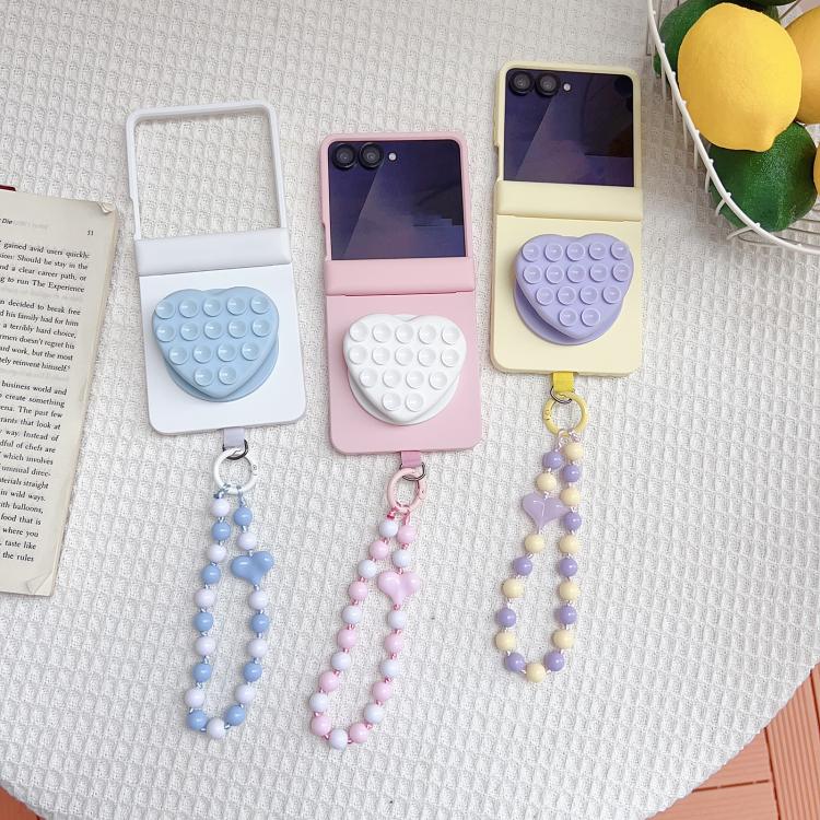 For Samsung Galaxy Z Flip7 5G Macaron Heart Shaped Bubble Holder Central Axis Double Magnetic Phone Case with Bracelet