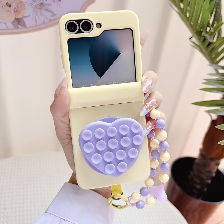 For Samsung Galaxy Z Flip5 5G Macaron Heart Shaped Bubble Holder Central Axis Double Magnetic Phone Case with Bracelet