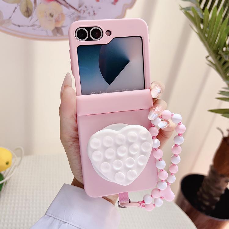 For Samsung Galaxy Z Flip5 5G Macaron Heart Shaped Bubble Holder Central Axis Double Magnetic Phone Case with Bracelet