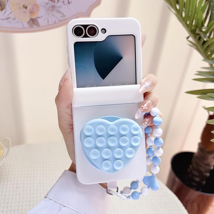 For Samsung Galaxy Z Flip5 5G Macaron Heart Shaped Bubble Holder Central Axis Double Magnetic Phone Case with Bracelet