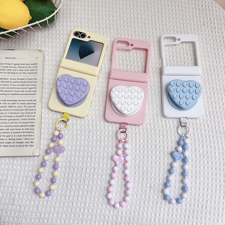 For Samsung Galaxy Z Flip5 5G Macaron Heart Shaped Bubble Holder Central Axis Double Magnetic Phone Case with Bracelet