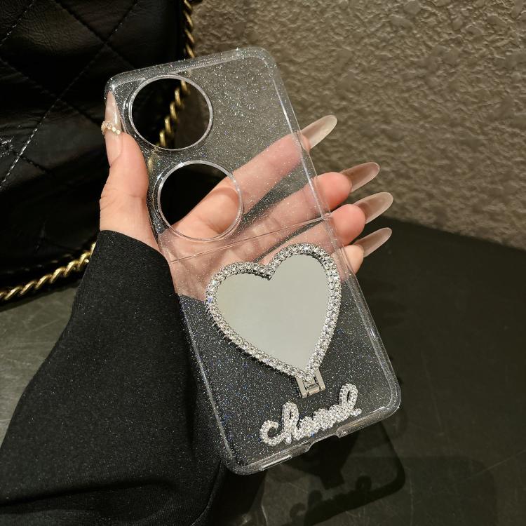 For Huawei Pocket 2 Glitter Stardust Series PC Phone Case with Heart Shaped Holder - Transparent