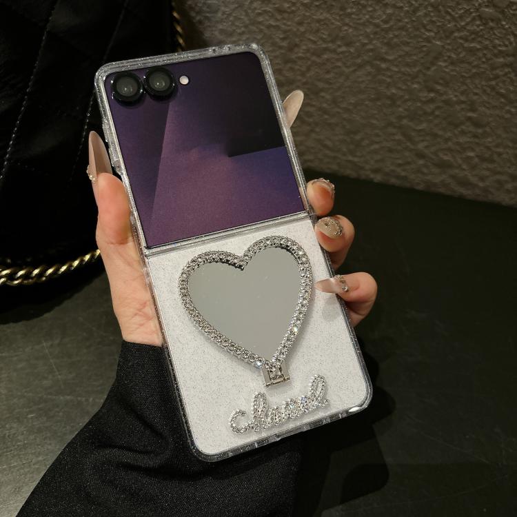 For Samsung Galaxy Z Flip7 5G Glitter Stardust Series PC Phone Case with Heart Shaped Holder - Transparent