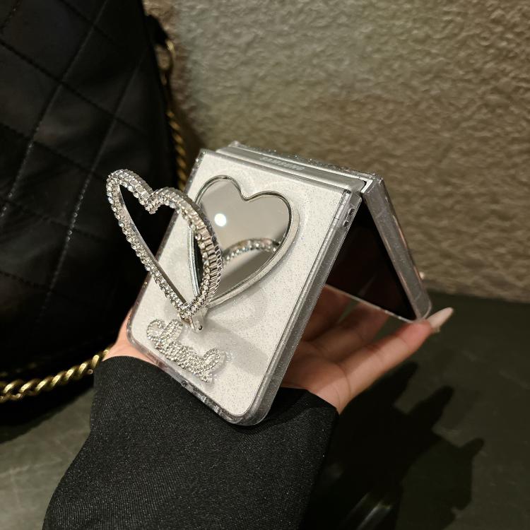 For Samsung Galaxy Z Flip7 5G Glitter Stardust Series PC Phone Case with Heart Shaped Holder - Transparent