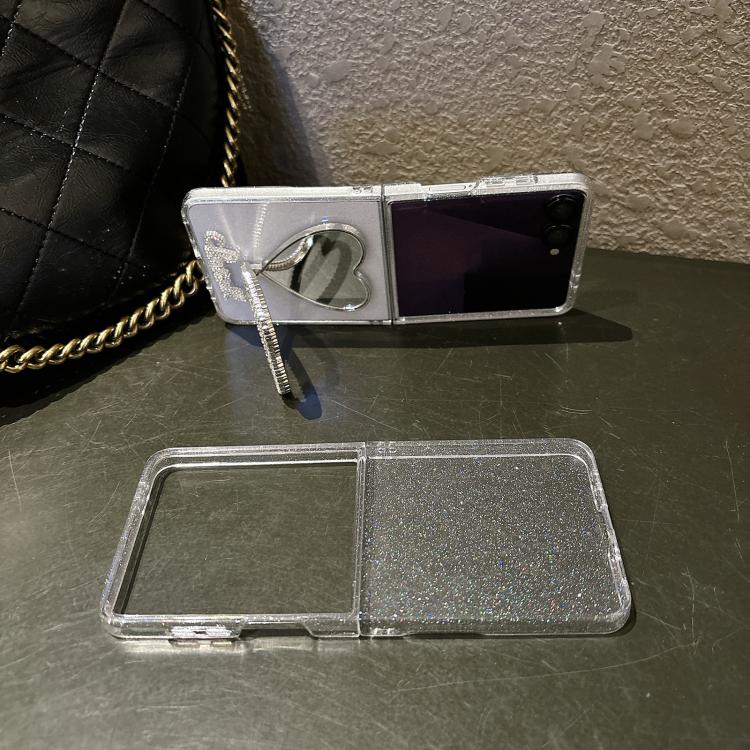For Samsung Galaxy Z Flip7 5G Glitter Stardust Series PC Phone Case with Heart Shaped Holder - Transparent